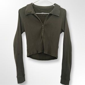 Aerie Green Button down Collar Long-Sleeve Top